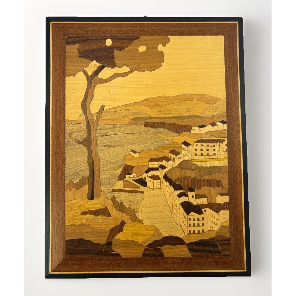 Italian Village Coastal Scene By Sorrento Marquetry Wooden Inlay Picture 8.7x11"